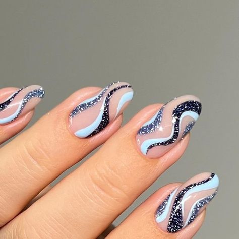 Swrill Design Nails Blue, Swirls Nails Acrylic, Nails Acrylic Almond Dark Blue, Glittery Swirl Nails, Blue Nails With Lines, Sparkle Swirl Nails, Blue Disco Nails, Swirl Nail Designs Short Nails, Swrill Design Nails Acrylic