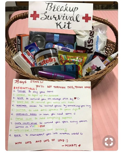 Break Up Basket Gift Survival Kits, Cool Gifts To Make Your Friends, Care Package Ideas For Breakup, Break Up Baskets For Best Friend, Breakup Package Gift, Cute Survival Kit, Best Friend Survival Kit, Break Up Gifts For Friends Survival Kits, Break Up Basket Gift For Best Friend