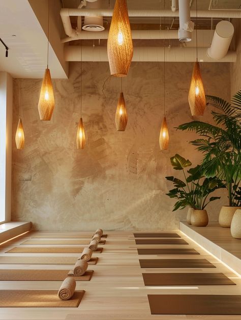 28 Warm and Intimate Yoga Studios – TastyInteriors Japandi Swimming Pool, Yoga Attic Space, Yoga Brown Aesthetic, Yoga Lounge Room, Yoga Studio Reception Desk, Zen Spa Aesthetic, Chic Yoga Studio, Bohemian Yoga Studio, Yoga Studio Cafe