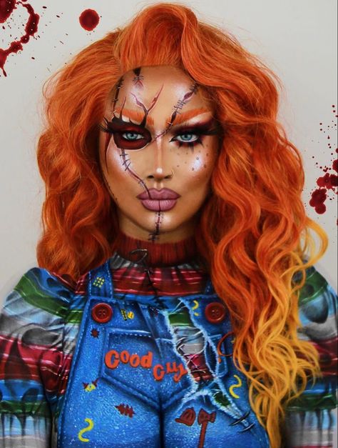 Face Painted Halloween Costumes, Chucky Sfx Makeup, Riddler Makeup Female, Wearable Halloween Makeup, Halloween Costume With Black Hair, 2024 Halloween Makeup, Halloween 2024 Makeup, Gore Makeup Looks, Best Women Halloween Costumes