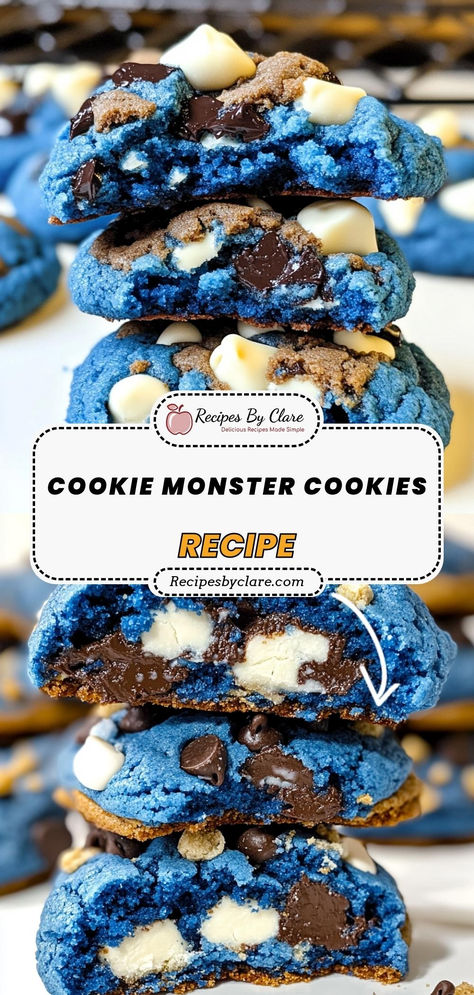 Treat yourself to these Cookie Monster Cookies loaded with chocolate chips and blue candy-coated chocolates. Soft, chewy, and colorful—perfect for any celebration!

Ingredients:

1 cup granulated sugar
2 tsp vanilla extract
1 tsp baking soda
½ cup blue candy-coated chocolate pieces
These cookies deliver a delightful combination of chocolatey sweetness and vibrant colors in every bite! Cookie Monster Fudge Recipes, Cookie Monster Stuffed Cookies, Cookie Monster Cookie Recipe, Blue Cookie Monster Cookies, Cookie Monster Theme Party, Cookie Monster Cookies Recipe, Blue Monster Cookies, Bakery Goodies, Cookie Monster Cookies