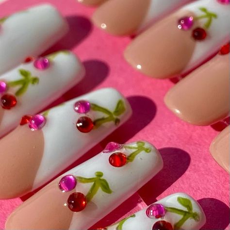 Cherry Rhinestone Nails, Cherry Gem Nails, Pink Cherry Nails, Black Cherry Nails, Nails With Gems, Cherry Nails, Pink Gem, Gem Nails, Press Ons