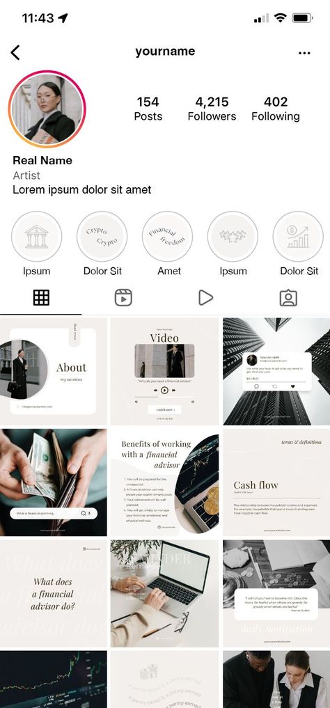 Instagram Feed Grid with beautiful modern design for Financial advisors, finance brokers, investing agents workers in beige and white colors. Social Media Stories, Posts, Story Highlight Covers Review Design Social Media, Instagram Infographic, Personal Branding Design, Business Branding Inspiration, Business Fonts, Instagram Font, Social Media Branding Design, Types Of Social Media, Financial Advisor