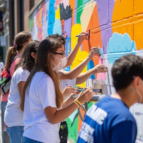 Community Painting Activity: A group of people collaboratively painting a vibrant mural on a wall in daylight. #community #painting #mural #art #collaboration #aiart #aiphoto #stockcake ⬇️ Download and 📝 Prompt 👉 https://ayr.app/l/22bm Community Painting, Community Mural, Collaborative Mural, Art Collaboration, Painting Mural, A Group Of People, Painting Activities, Community Center, Group Of People