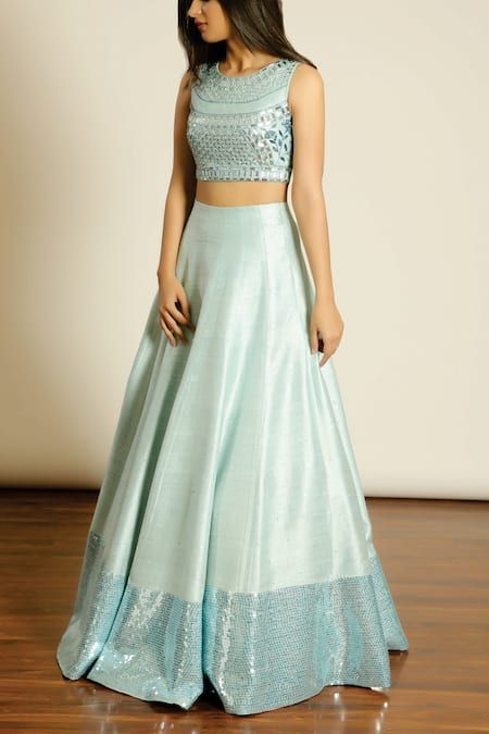 Buy Blue Raw Silk Embroidery Crystals Sequin Galore Crop Top With Lehenga For Women by Pooja Peshoria Online at Aza Fashions. Sleeve Less Lehenga, Traditional Top Design, Lehenga Blouses For Women, Skirts With Crop Tops Outfit, Sleeveless Choli Blouse Designs, Saree To Skirt And Top, Lehenga Designs Sleeveless, Designer Crop Top Lehenga Wedding, Sleeveless Blouse For Lehenga