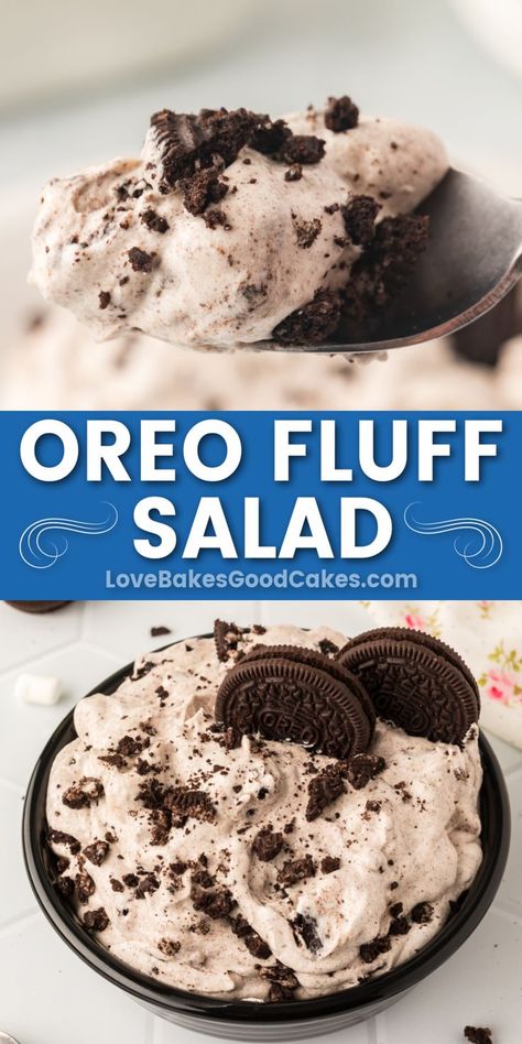 Oreo Fluff Salad pin collage Oreo Fluff Salad, Easy Oreo Fluff, Oreo Salad, Oreo Fluff Dessert, Cookie Salad, Cupcakes Oreo, Summer Desserts Easy Healthy, Fluff Salad Recipes, Oreo Fluff