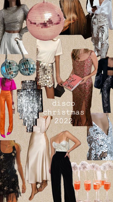 disco christmas party🪩 #vintageaesthetic #outfits #outfitinspo #moodboardinspo #moody #discoballaesthetic Disco Bar Outfit, Disco Pop Outfit, Retro Christmas Party Outfit, Disco Christmas Party Outfit, Retro Christmas Party Theme, Christmas Theme Outfit Parties, Disco Holiday Party, Christmas Disco Party, Disco Christmas Decorations