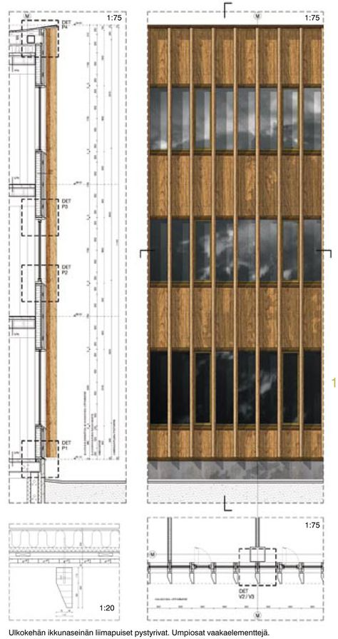 Technical details presented next to an Elevation and a Plan technical section with all parts linign up, is really easy to read from the METLA Forest Research Centre / SARC Architects Wood Facade, Facade Architecture Design, Plans Architecture, Wood Architecture, Architectural Section, Construction Drawings, Research Centre, Building Facade, Detailed Drawings