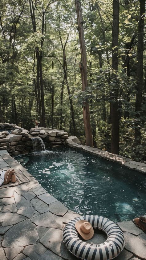 Pools In The Woods, Boho Pool Area Backyard, Natural Pool Backyard, Cottage Pool Backyards, Nature Pool Backyard, Hobbit Airbnb, Pool In Woods, Natural Pools Backyard, Natural Pool Ideas