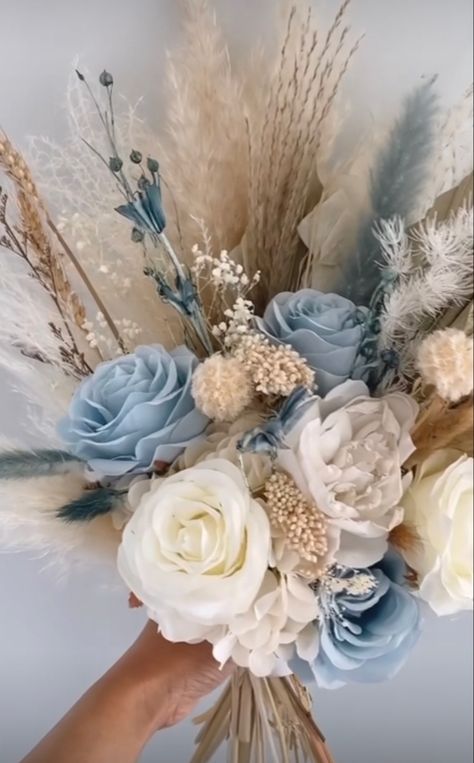 Dusty Blue Bridesmaid Flowers, Blue Wedding Decorations Receptions, Light Blue Western Wedding, Coastal Boho Wedding, Steel Blue Wedding Theme, Dusk Blue Wedding, Blue Tan Wedding, Dusty Blue Centerpieces Wedding, Dusty Blue And Sage Green Wedding Theme