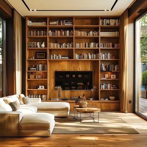 Bookshelves In Living Room With Tv, Bookshelf Design Ideas, Living Room With Tv, Room With Tv, Floor To Ceiling Bookshelves, Warm Wood Tones, Cozy Rug, Home Library Rooms, Ceiling Shelves