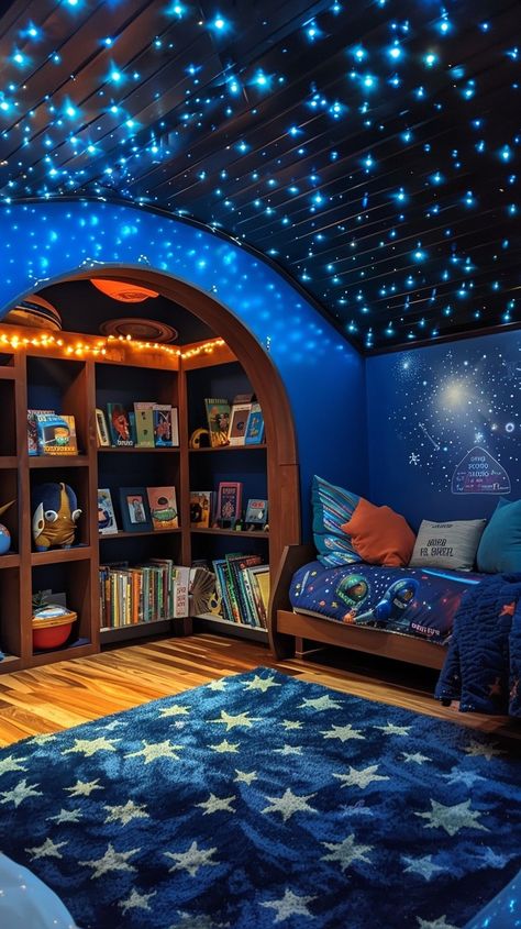 "Starry Night Bedroom: A cozy #kidsshouldbedecor transformed into a #stargazing haven, complete with #twinklinglights and celestial decor. #bedroomdesign #nightscene #comfortable #childrensroom #aiart #aestheticphoto #stockcake ⬇️ Download and 📝 Prompt 👉 https://stockcake.com/i/starry-night-bedroom_1070855_811545" Star Wallpaper Ceiling, Starry Room Aesthetic, Star Ceiling Bedroom, Star Bedroom Aesthetic, Space Bedroom Aesthetic, Galaxy Themed Room, Starry Night Room, Celestial Ceilings, Roman Bedroom