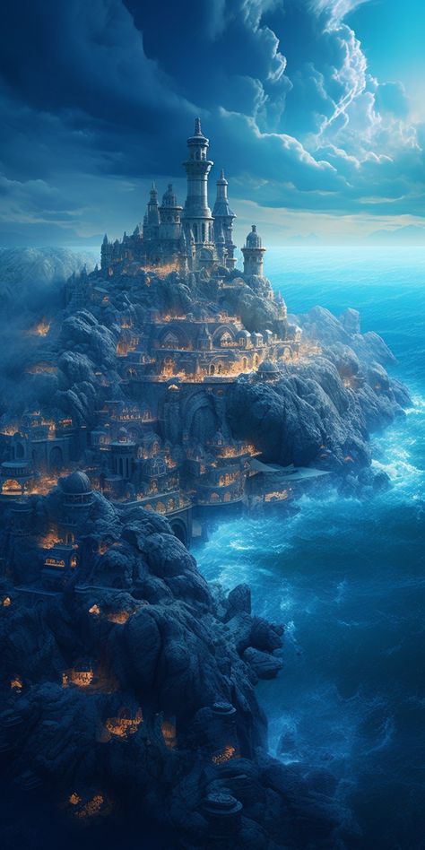 Air Kingdom Fantasy Art, Castles By The Sea, Sea Kingdom Fantasy Art, Water Castle Aesthetic, Fantasy Water Kingdom Aesthetic, Beach Kingdom Fantasy Art, Seaside Kingdom Fantasy Art, Fantasy Ocean Kingdom, Kingdom By The Sea Aesthetic