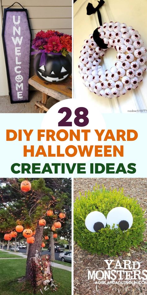 Elevate your outdoor space this Halloween season by using simple DIY decorations to create a spooky and inviting atmosphere in your front yard. Impress all the trick-or-treaters in your neighborhood with creative ideas like setting up a charming pumpkin patch or crafting eerie tombstones from cardboard. Embrace the spirit of Halloween and transform your home into a festive wonderland that will be the talk of the town. Front Yard Halloween, Front Yard Halloween Decorations, Halloween Wonderland, Diy Front Yard, Halloween Yard Signs, Simple Decorating, Pumpkin Topiary, Homemade Halloween Decorations, Halloween Scarecrow