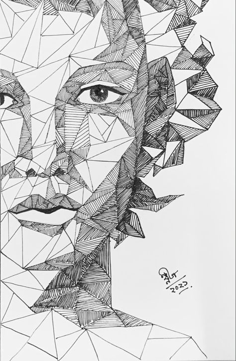 Geometric portrait. Made with micron pen . easy to draw. Geometric Portrait Drawing, Pen Pencil Drawing, Geometric Portrait Drawing Faces, Geometric Face Drawing, Easy Geometric Drawings, Geometric Face Art, Easy Pen Sketches, Geometrical Drawing, Drawing Deer