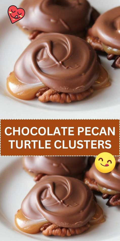 Dive into the sweet and nutty world of Chocolate Pecan Turtle Clusters, where crunchy pecans, gooey caramel, and rich chocolate come together in perfect harmony. These delightful treats are great for gifting or keeping all to yourself for a luxurious indulgence. Easy to make and even easier to love, they're a must-try for any chocolate lover. #ChocolateLovers #PecanTurtles #SweetIndulgence Chocolate Pecan Turtle Clusters, Pecan Turtle Clusters, Pecan Turtles Recipe, Turtle Clusters, Pecan Turtles, Pecan Desserts, Easy Candy Recipes, Chocolate Candy Recipes, Chocolate Turtles