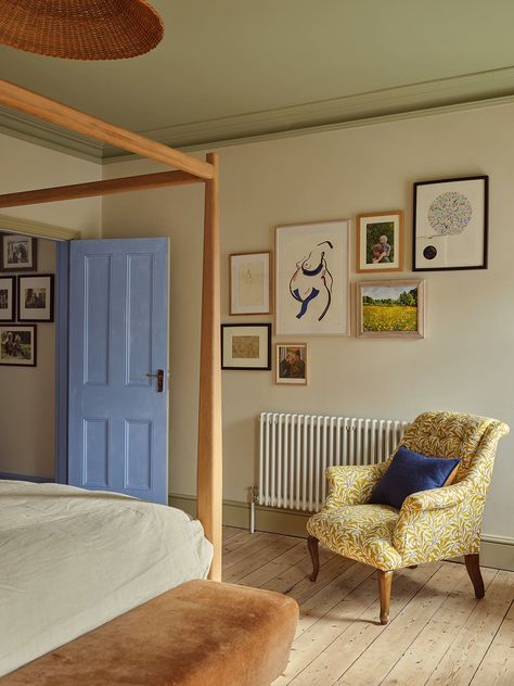 Uk Home Design, Unique Wall Colors, Tremont Home, Window Frame Color Ideas, Painted Slanted Ceiling, Orange And Light Blue Bedroom, Colourful Bedroom Design, Pale Blue Bedroom Ideas, Mustard Ceiling