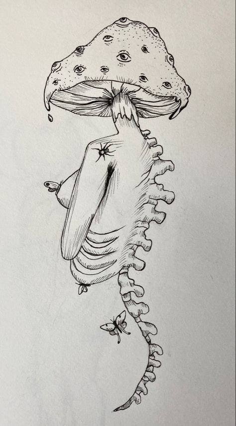 Trippy mushroom art. Female body. Skeleton spine. Moth and bug tattoo idea. Surreal mushroom drawing. Trippy Mushroom Art, Trippy Mushroom, Trippy Drawings, Creepy Drawings, Arte Grunge, Mushroom Drawing, Grunge Art, Arte Sketchbook, Doodle Art Designs