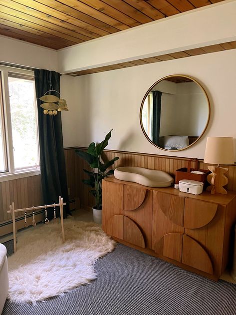 Before & After: Our Mid-Century Nursery Reveal! — Kate Eskuri Mid Century Modern Changing Table, Mcm Nursery Mid Century, Rustic Modern Nursery, Post Modern Nursery, Nursery In Studio Apartment, Walnut Wood Nursery, Arch Digest Nursery, Wood Theme Nursery, Mid Mod Nursery