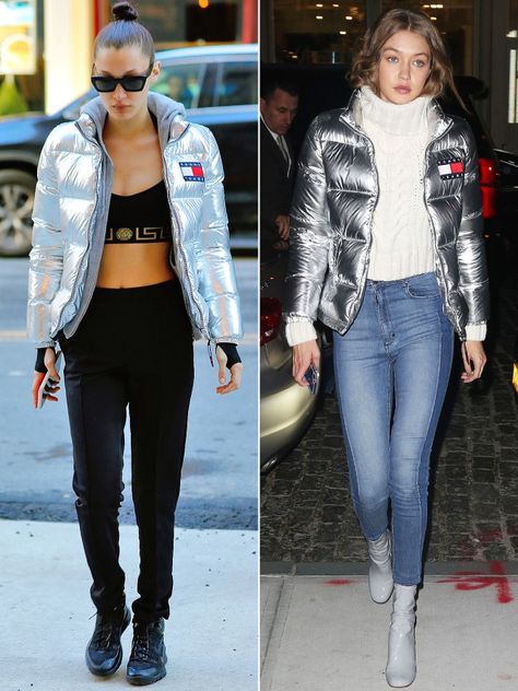 Bella and Gigi Hadid in matching silver Tommy Hilfiger puffer jacket winter outfits Silver Vest Outfit Women, Silver Puffer Jacket Outfit, Silver Jacket Outfit, Vest Outfit Women, Yellow Puffer Jacket, Silver Puffer Jacket, Puffer Vest Outfit, Puffer Jackets For Women, Puffer Jacket Style