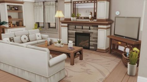 Sims House Living Room, Farmhouse Living Room Sims 4, Cute Sims 4 Houses Interior, Sims Decoration Ideas, Sims 4 Houses Living Room, Sims Interior Design Ideas, The Sims 4 Interior Ideas, Living Room Designs Sims 4, Sims 4 Small Living Room