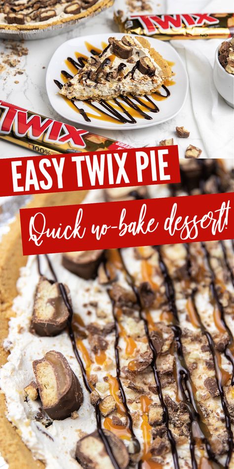 No-bake Twix pie is an easy no bake pie your family will love! All you need is Cool Whip, Twix candy bars, chocolate, caramel and a just a tad bit more. If you're on the hunt for a simple dessert, then give this one a shot! Twix Pound Cake Recipe, Family Night Dessert Ideas, Easy Twix Dessert, Twix Dessert Ideas, Desserts With Twix Bars, Easy Twix Cake, Twix Pie No Bake, No Bake Twix Cake, Twix Recipe Desserts