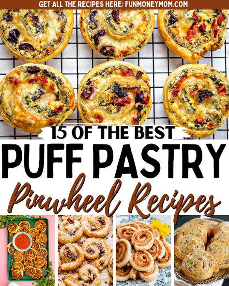 Appetizer Pinwheels Baked, Brunch Pinwheel Recipes, Puff Pastry Breakfast Pinwheels, Puff Pastry Apps Appetizers, Game Day Food Puff Pastry, Easy Puff Pastry Pinwheels, Phyllo Pinwheel Appetizers, Pastry Savory Recipes, Monte Cristina Pinwheels With Puff Pastry