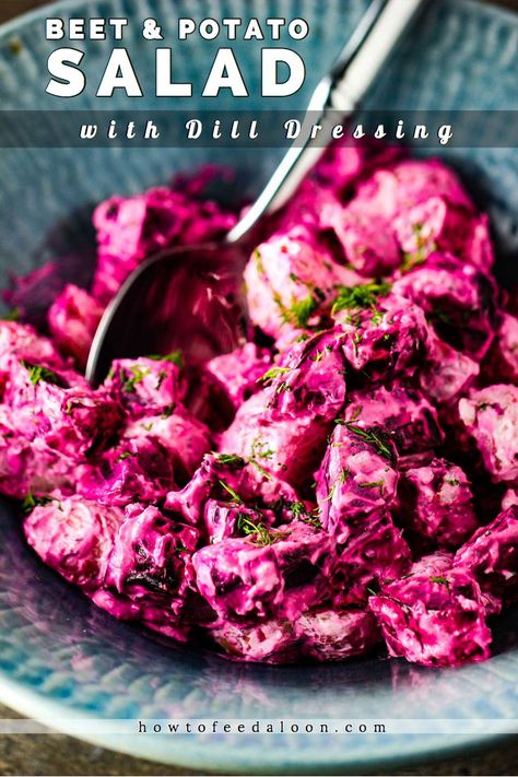 This Roasted Beet and Potato Salad with Dill Dressing is the perfect winter salad, but wonderful year round.  Flavors are incredible and it is GORGEOUS in presentation! Beet And Potato Salad, Potato Salad With Dill, Salad With Dill, Potato Salad Dill, Easter Brunch Table, Dill Dressing, Beautiful Salad, Prepared Horseradish, Red Beets