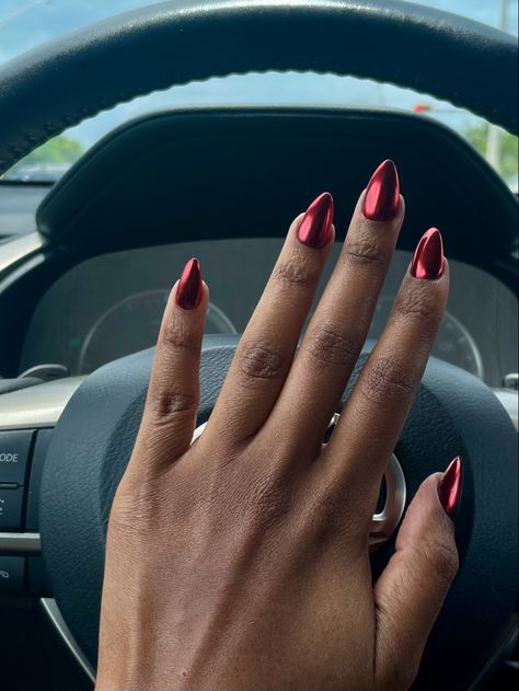 Red chrome femme fatale aesthetic nails almond shape red sultry chrome red wine nails French Gel Nails Designs, Red Chrome Almond Nails, Biab French Tip, Cherry Wine Nails, Red Sparkle Nails, Black Cherry Nails, Almond Nails Red, Black Chrome Nails, Red Chrome Nails