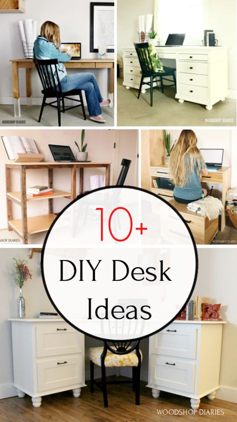 Browse through these creative desk ideas to find which unique design you like best. Then grab the plans and follow the instructions to build your own DIY desk. There's options for kid's DIY desks, corner desks, and dresser desks, too! 10+ DIY desk plans to fit your needs whether working from home or home schooling. Diy Desk Ideas, Diy Desks, Woodshop Diaries, Corner Desks, Diy Desk Plans, Colonial Home Decor, Creative Desk, Creative Desks, Dresser Desk