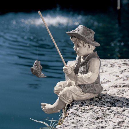 Boys Garden, Fish Garden, Outdoor Ponds, Gnome Statues, Boy Fishing, Lawn Ornaments, Tableau Art, Labrador Puppy, Outdoor Statues