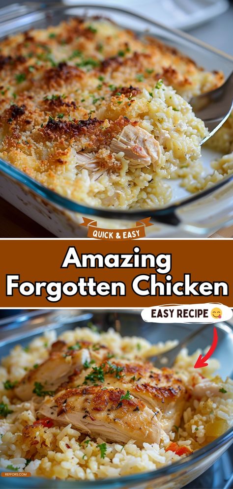 This Amazing Forgotten Chicken is a simple, flavorful dish that’s perfect for busy nights. Baked with rice and a savory sauce, it’s a set-it-and-forget-it meal that’s always a hit. #EasyDinners #ChickenRecipes #ComfortFood Chicken Bake With Rice, Forget It Chicken, Forget Me Chicken And Rice, Forget About It Chicken, Forgotten Chicken And Rice, Simple Easy Chicken Dinner Recipes, Bake And Forget Chicken, Preppy Kitchen Recipes, Chicken Breast And Rice