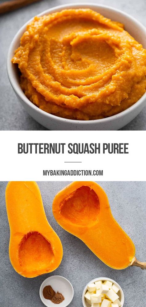 Did you know that it’s easy to make your own Butternut Squash Puree at home? This puree is simple and delicious, and as delicious on its own as it is mixed into other recipes! Butternut Squash Pancakes, Butternut Squash Baby Food, Cook Butternut Squash, Food For Babies, Butternut Squash Apple, Easy Butternut Squash, Butternut Squash Cubes, Baked Butternut Squash, Butternut Squash Puree