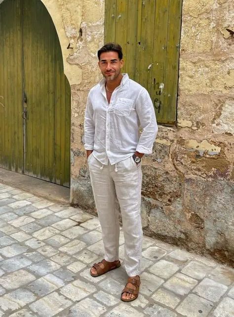 Man Linen Pants Outfit, Old Money Linen Outfit Men, Linen Summer Outfit Men, Beach Sandals Men, Mediterranean Outfit Men, Men’s Linen Outfit, Men Linen Outfit Summer, Linen Outfits For Men, Linen Outfit Men