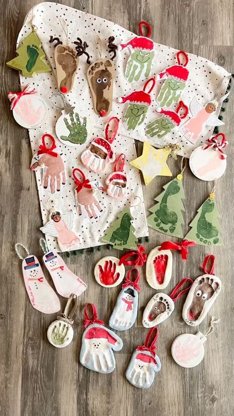 Christmas Foot And Hand Crafts, Feet Print Christmas Crafts, Toddler Christmas Handprint Ornament, Hand Or Footprint Christmas Crafts, Hand Print Christmas Decorations, Christmas Kids Plates Hand Prints, Infant Salt Dough Ornaments, Salt Dough Keepsake Ornaments, Kids Christmas Handprint Ornaments