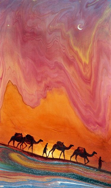 Garip AY: Painting on Ebru Art Marocain, Camels Art, Ebru Art, Arabian Art, Ancient Paintings, Moroccan Art, Soyut Sanat Tabloları, Turkish Art, Arabic Art