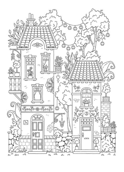 Isometric Coloring Page, Gabi Wolf Coloring Pages, Building Coloring Pages, Aesthetic Colouring Pages, Coloring Sheets Aesthetic, Cute Aesthetic Coloring Pages, Houses Coloring Pages, Modele Zentangle, Coloring Pages Aesthetic