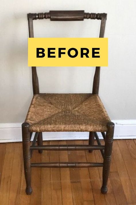 Rush Chair Makeover, Upcycle Dining Room Chairs, Repurposed Chairs Diy, Repurpose Dining Chairs, Repurposed Wooden Chairs, Wooden Chair Upcycle, Diy Wooden Chair Makeover, Old Chairs Repurposed Diy Projects, Chair On Wall