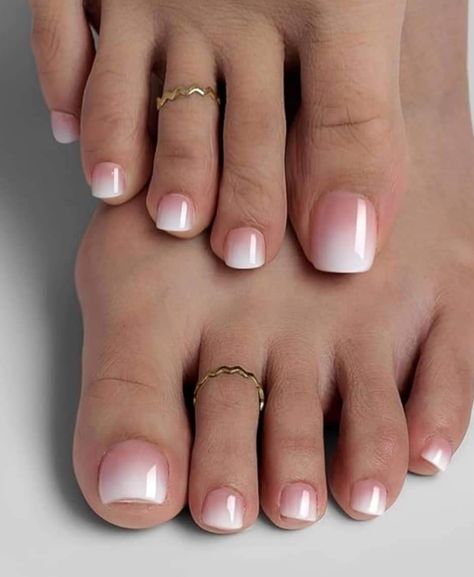 Simple Pedicure Ideas Classy, Nails Inspiration Pedicure, Gel Nails On Feet Ideas, Ombre French Tip Pedicure, French Ombre Pedicure, French Ombre Toenails, Wedding Nails Pedicure, 2024 Toe Nails, Mani Pedi French Tip