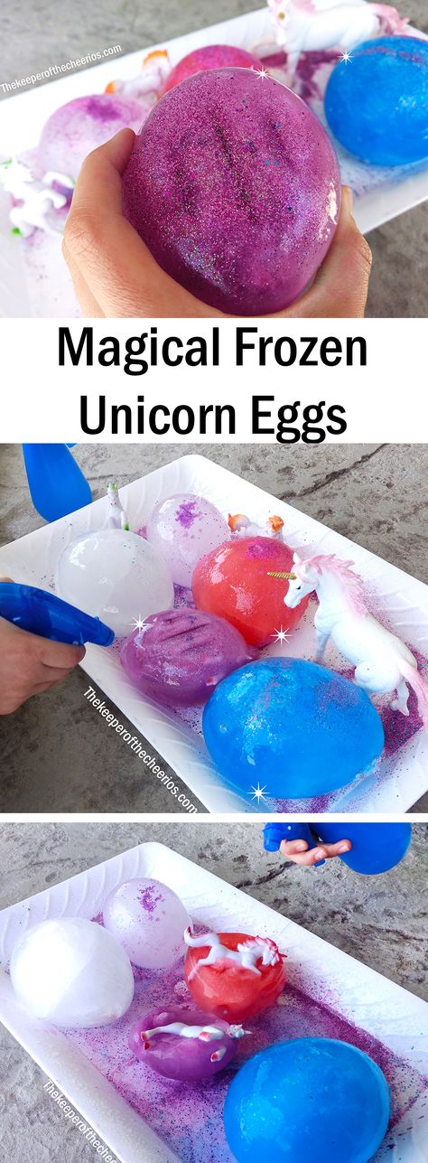 Magical Frozen Unicorn Eggs Unicorn Sensory Activities, Care Of Magical Creatures Activities, Unicorn Crafts For Toddlers, Twonicorn Party, Mermaid Recipes, Fairy Tales Preschool, Science Experiments Kids Elementary, Unicorn Egg, Diy Toddler Toys