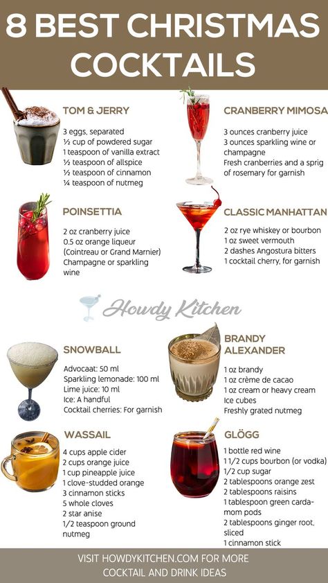 A festive guide showcasing Christmas cocktails like Cranberry Mimosa and Brandy Alexander, Cranberry Mimosa with colorful garnishes and rich holiday flavors, perfect for seasonal celebrations. Cocktail Ideas Alcoholic Drinks, Christmas Wedding Cocktails, Christmas Day Drinks, Christmas Drinks For Party, Virgin Christmas Cocktails, Holiday Themed Cocktails, Christmas Inspired Cocktails, Simple Christmas Drinks, Christmas Theme Cocktails