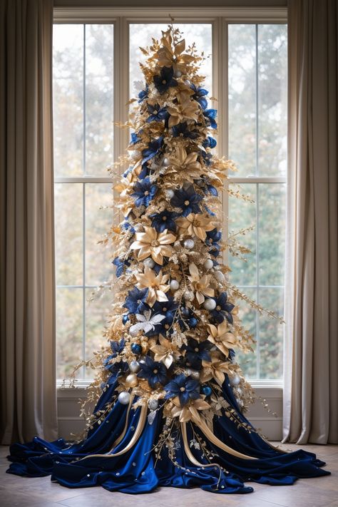 Elevate Your Holidays: Embracing the Blue, White, and Gold Christmas Tree Trend – A Sparkly Life for Me Royal Blue And Gold Christmas Decor, Royal Christmas Tree, Blue And Gold Christmas Tree, Christmas Ceiling, Blue And Gold Christmas, Christmas Banquet, Blue Christmas Tree Decorations, Glam Christmas Tree, Christmas Tress