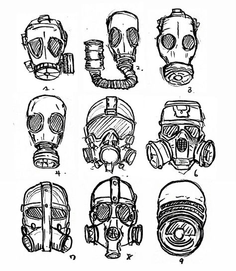 Cool Masks Designs Ideas Drawing, How To Draw Gas Mask, Gasmask Reference, Gas Mask Art Drawing, Tactical Gear Art Reference, Gas Mask Concept Art, Gas Mask Drawing Reference, Gasmask Design, Stalker Drawing