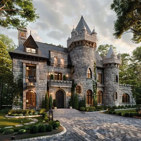 Castles Built Into Mountains, Castle Style Homes Modern, House Like Castle, Small Castle House Design, Storybook Home Exterior, Victorian Stone House, Castle Like Homes, Castle Style House, Modern Castle House