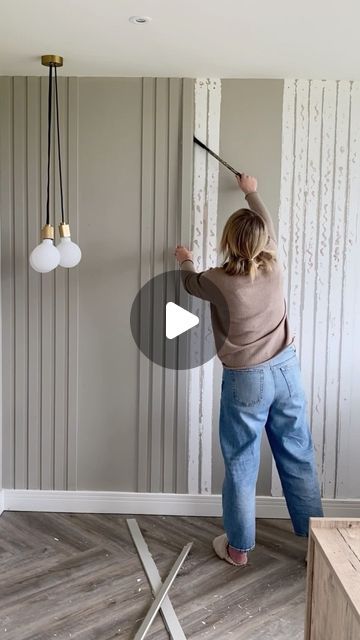 Joanna Fletcher on Instagram: "What the hell are you doing?… ad  I agree, this is my favourite panelling. I love the colour and panelling but I’m transforming this are into my gym and the snug will be where my gym was.I will definitely be adding the panelling and painting it exactly the same colour!
Not to research black steel glass doors.. let me know if you have any suggestions.
Panelling @thewoodveneerhub 

#diyprojects #panelling #homediy #homediyproject #doitfortheprocess #doityourself #girlswhodiy #diygirls #slowsunday #doitfortheprocess #diyprojects #diyideas #homerenovations #panellingwalls #homediyproject #doitfortheprocess #furnitureflipper #doityourself #buildit #doitfortheprocess #cabinetry #diy #diyprojects #diyideas #homediy 
#homestyling #homedecor #neutraldecor" Wood Paneling In Kitchen, Creative Wall Paneling Ideas, Snug Panelling, Focal Point Wall Ideas, Wooden Battens On Wall, Entryway Wall Paneling Ideas, Tongue And Groove Living Room, Diy Door Paneling, Uneven Walls Solutions