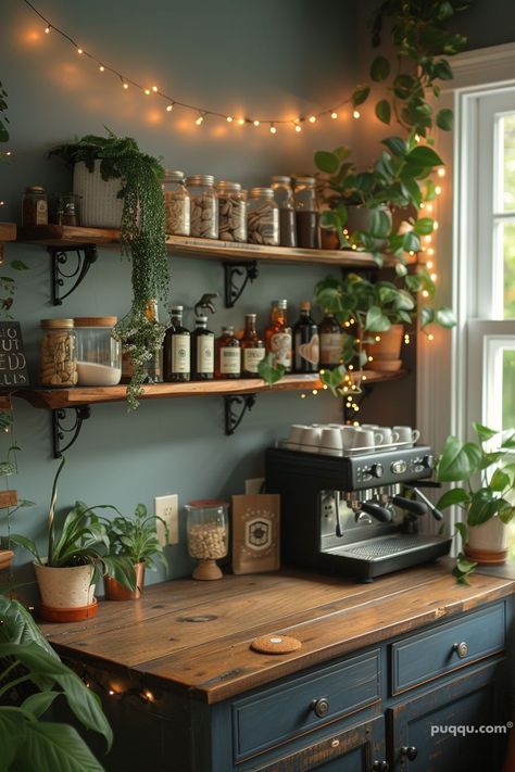 Tea Set Up Coffee Stations, Office Coffee Bar Ideas, Goth Coffee Bar, Coco Station, Tea Corner Ideas, Espresso Station, Tea Corner, Cozy Eclectic, Goth Cottagecore