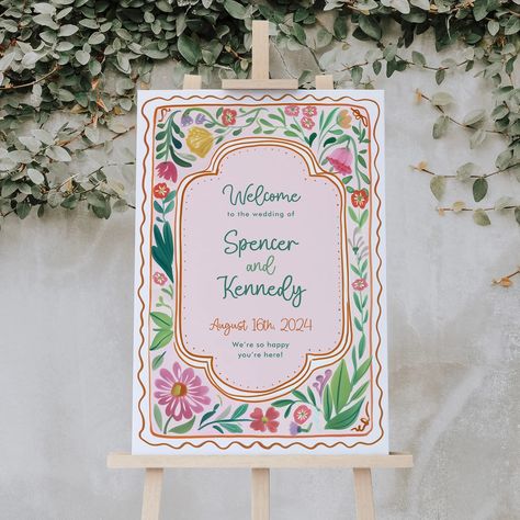 Colorful Floral Spring Welcome Sign, Colorful Flowers Sign, Editable Template, Instant Download, Wedding Welcome Sign, Garden Flowers, DAGNY by ForeverPrintDesign on Etsy Vibrant Pastel Wedding, Floral Wedding Design, Wildflower Wedding Welcome Sign, Hand Painted Wedding Welcome Sign, Simple Garden Party Wedding, Funky Wedding Theme, Whimsical Wedding Welcome Sign, Colourful Garden Wedding, Colorful Wedding Signs