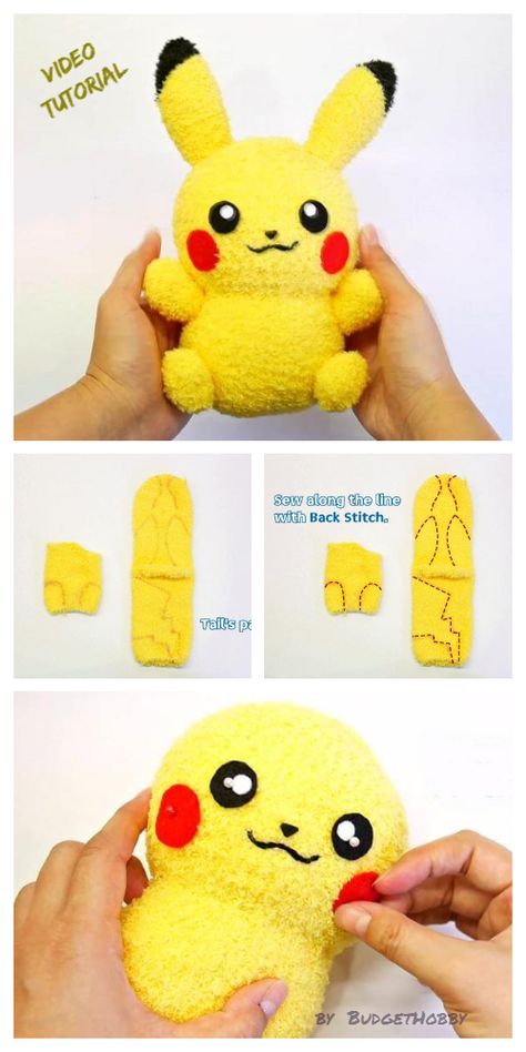 DIY Sock Pikachu Toy Free Sewing Pattern +Video | Fabric Art DIY Pikachu Toy, Sock Animals Diy, Diy Sock Toys, Plushies Diy, Pikachu Pikachu, Diy Sy, Pokemon Diy, Baby Mobil, Pokemon Craft