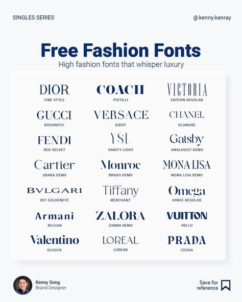 Vogue Font Canva, List Of Designer Brands, Fonts For Luxury Brands, Fashion Designer Name Ideas, Fashion Brand Typography, Different Word Fonts, Elegant Words Classy, Fonts Clothing Brand, Luxury Brand Typography