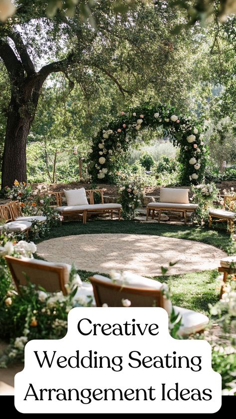 A beautiful outdoor wedding seating arrangement with a mix of elegant wooden chairs and modern benches in a circular setup, surrounded by greenery and floral accents. T Shaped Wedding Seating, Wedding In The Round Ceremony Seating, Bench Seating For Wedding, Wedding Ceremony Sitting Arrangement, Non Traditional Wedding Seating, Spiral Wedding Seating, 80 People Wedding Seating, 100 People Wedding Seating, Unique Ceremony Seating